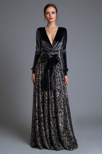 Sequin Black V-Neck A Line Long Sleeve Formal Dress with Bow